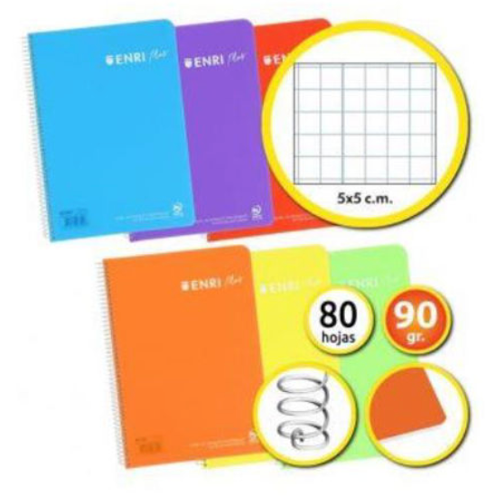 CUADERNO Fº CUADROS 5X5MM 80H 90GR TAPA PP COLORES VIVOS SURTIDO 6 COLORES ENRI