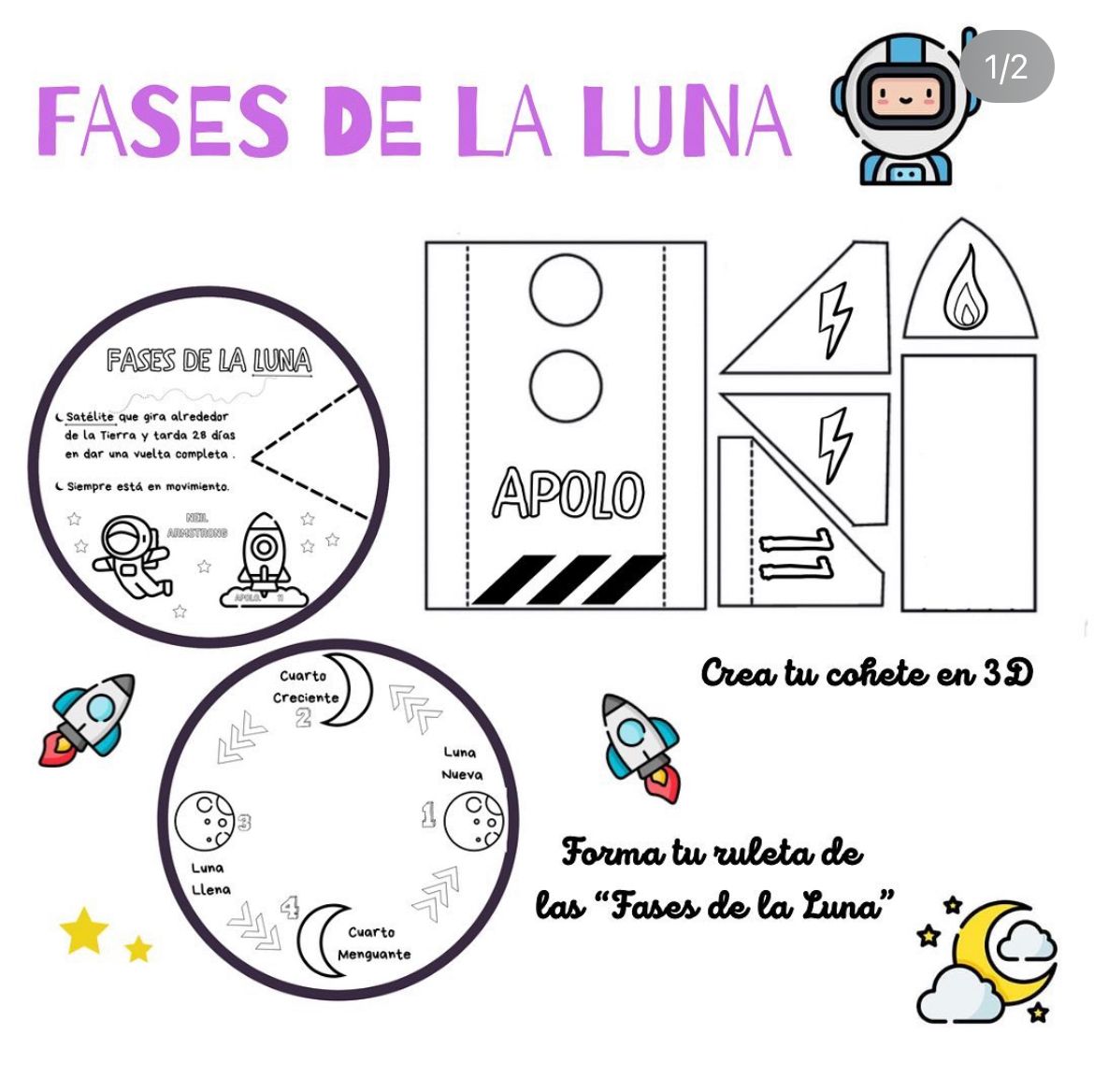 🌙🚀FASES DE LA LUNA Y COHETE EN 3D🚀🌙 Cuadernillo Coleideando educación primaria