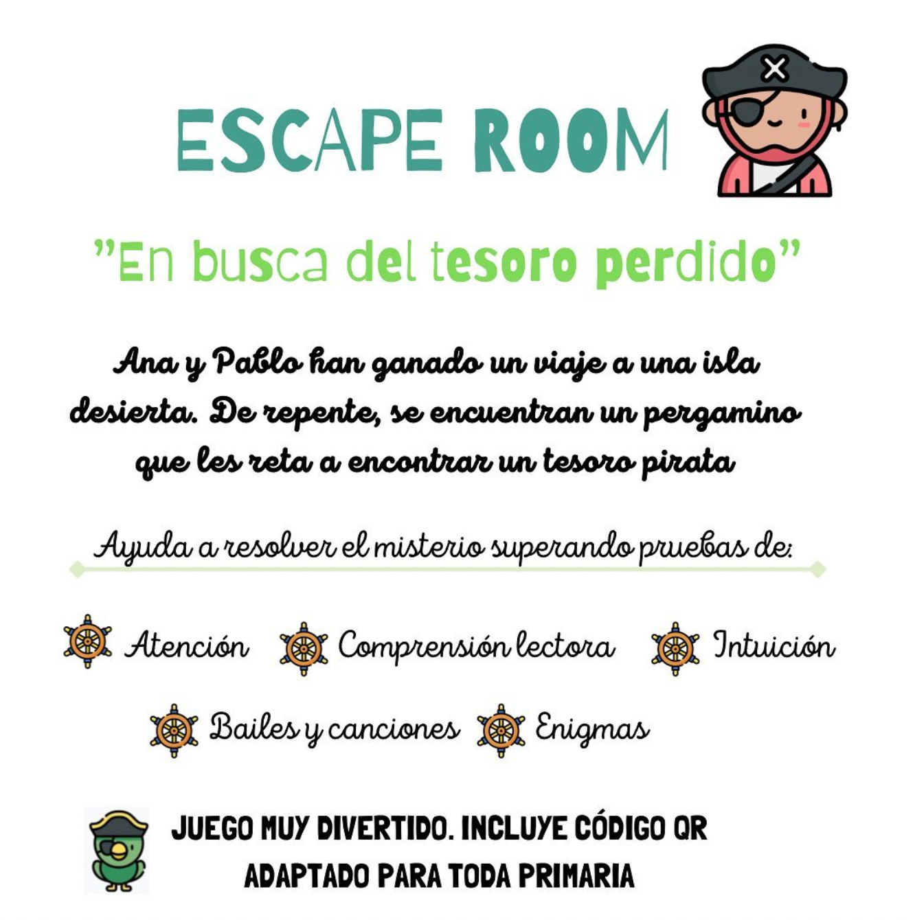 ESCAPE ROOM “En busca del tesoro perdido”🏴☠️ Cuadernillo para trabajar el área de lengua