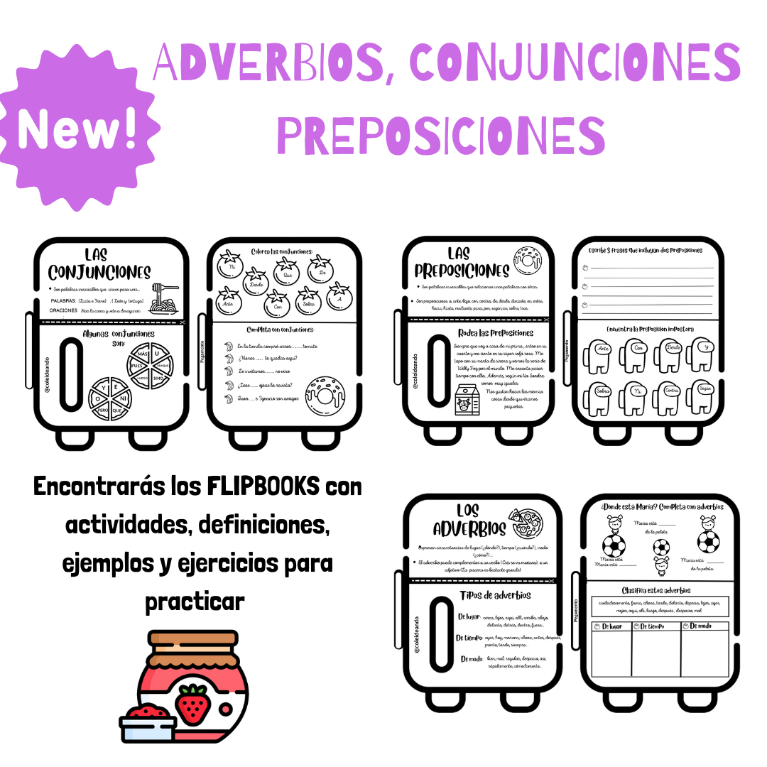 🍌🍐FLIPBOOKS para aprender los adverbios, conjunciones y preposiciones🍐🍌